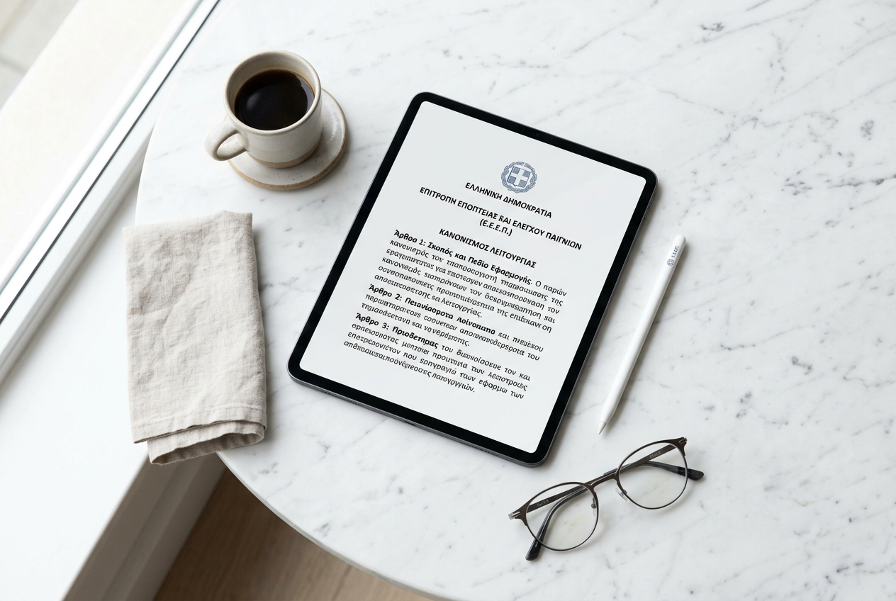 A digital tablet displaying Greek gambling regulatory symbols and legal text.